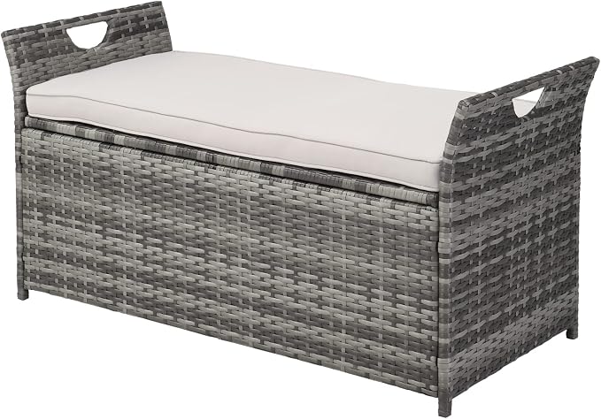 VINGLI 40 Gallon Wicker Storage Bench, Patio Cushion Storage Box with Side Handles, Rattan Deck Box for Garden Tools, Cushions, Outdoor Patio Deck Box for Garden, Poolside, Grey