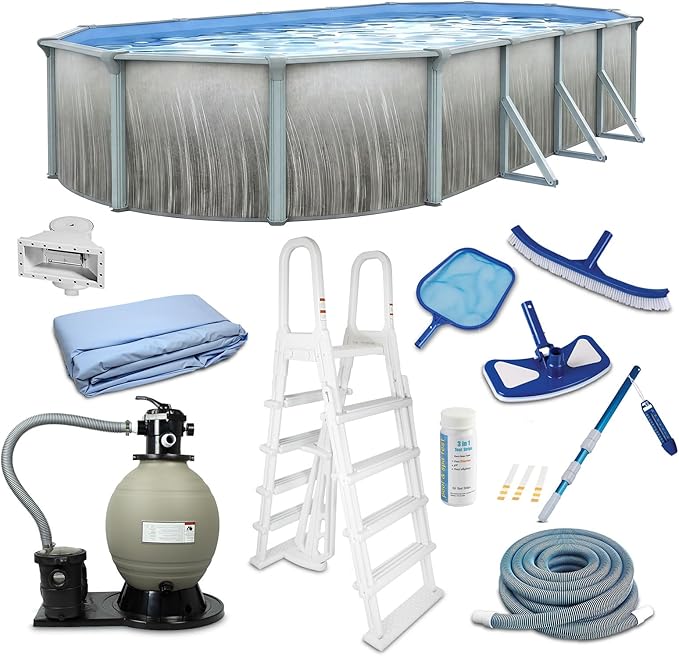 Blue Wave Martinique 15x30-ft Oval 52-in Deep Hard Sided Above Ground Pool with 7-in Steel Top Rails, Dual-Speed Sand Filter System, Ladder, Liner, Skimmer & Maintenance Kit – 9,900 Gallon Cap