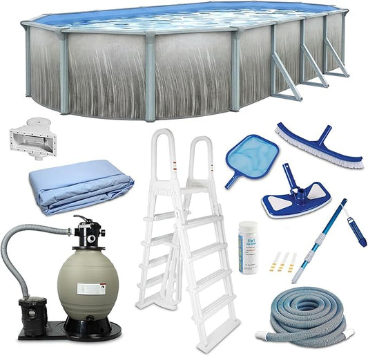 Blue Wave Martinique 15x30-ft Oval 52-in Deep Hard Sided Above Ground Pool with 7-in Steel Top Rails, Dual-Speed Sand Filter System, Ladder, Liner, Skimmer & Maintenance Kit – 9,900 Gallon Cap