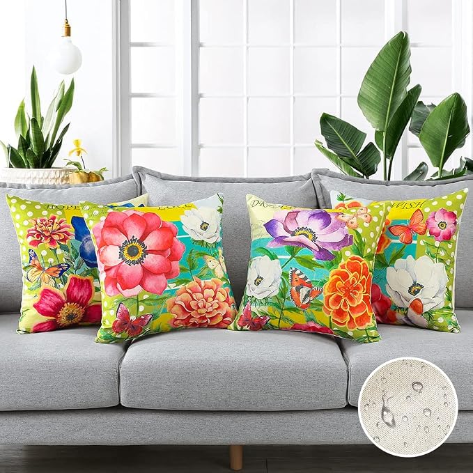 Artscope Set of 4 Waterproof Throw Pillow Covers 18x18 Inches, Vintage - Flowers and Butterflies Pattern Decorative Cushion Covers, Perfect to Outdoor Patio Garden Living Room Sofa Farmhouse Decor