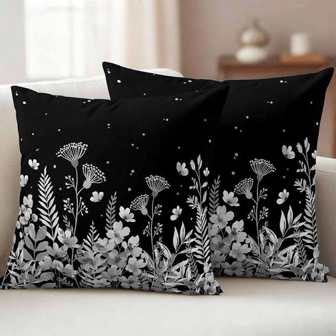 Outdoor Pillow Covers Waterproof, Vintage Floral Decorative Square Throw Pillowcases Patio Cushion Covers for Tent/Garden, 20" x 20" 2 Pack, Spring Wildflowers Country Botanical Black