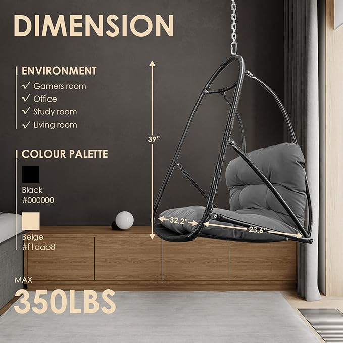 JESE Swing Egg Chair Without Stand Foldable Frame Hanging Chairs for Indoor Outside,with UV Resistant Waterproof Cushion&Cup Holder,Swing Hammock Chair for Patio,Bedroom,Balcony,Garden,Backyard,Black