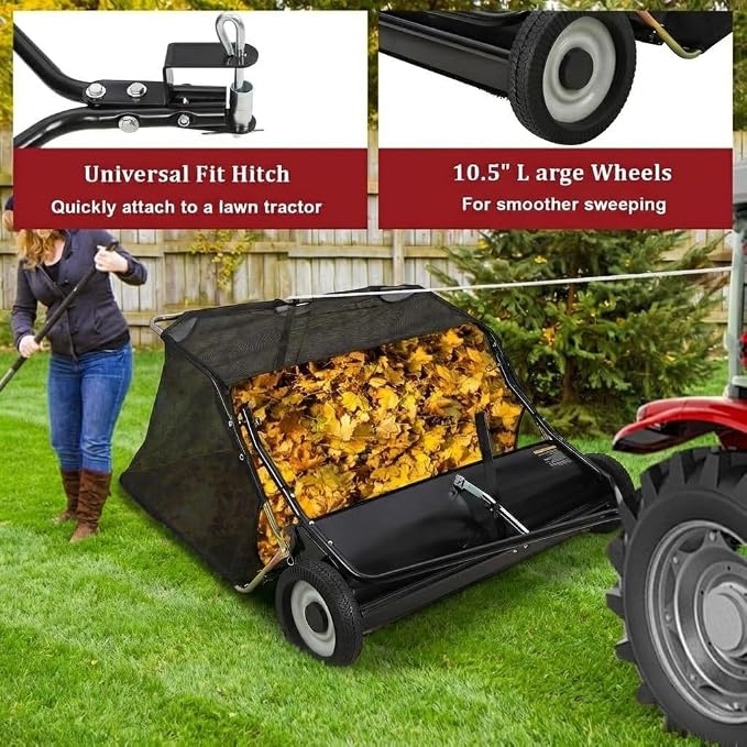 Garvee 48" Tow-Behind Lawn Sweeper – 26 cu.ft. Large-Capacity Pull-Behind Grass & Leaf Collector, Heavy-Duty Adjustable Height, Dumping Rope Design for Easy Debris Disposal, Fits Tractors & ATVs