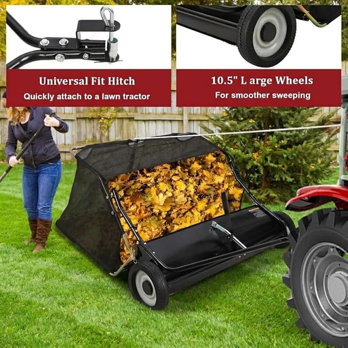 Tow Behind Lawn Sweeper 48" Wide, 26 Cu.Ft Large Hopper Yard Sweeper, Pull Behind Leaf Collector with Adjustable Sweeping Height, Universal Fit for Lawn Tractor & Debris Cleanup