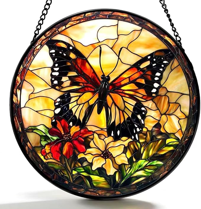 Stained Glass Window Hanging - Butterfly Red Flowers Yellow Flowers 6.3 Inches Suncatcher for Garden Home Decor for Women Mom Grandma Friends