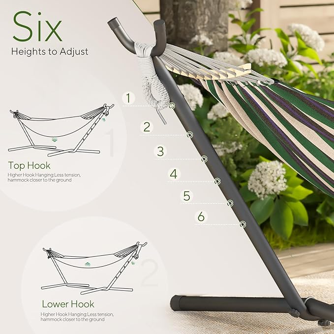 600lbs Hammock with Stand for Outside, 2 Person Portable Hammock with Side Storage, Carrying Bag, Expend Wooden Bar for Outdoor or Indoor (Green Black)