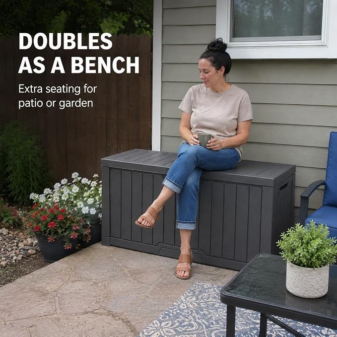 Outdoor Storage Box, Waterproof Deck Box with Buckle Lock, Patio Storage Box for Cushions and Outdoor Toy Storage, 30/60/80/100/120 Gallon PP Bench or Side Table for Patio Garden Backyard(100 Gallon)