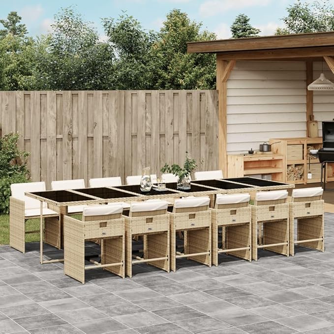 13-Piece Patio Dining Set, Large PE Rattan Outdoor Table and 12 Folding Chairs with Comfortable Cushions for Garden Backyard Deck Dining Beige