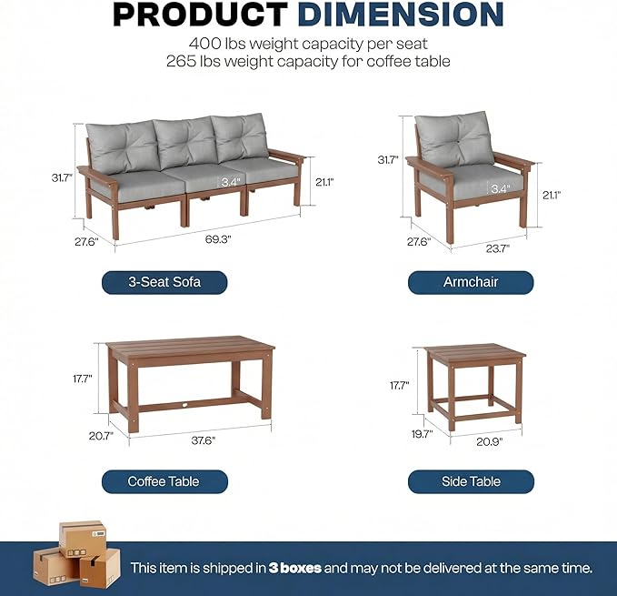 3 Piece Patio Furniture Set, All-Weather HDPE Outdoor Conversation Set with 2 Armchairs and 1 Side Table, Heavy Duty Porch Bistro Set for Garden & Balcony, Natural Teak