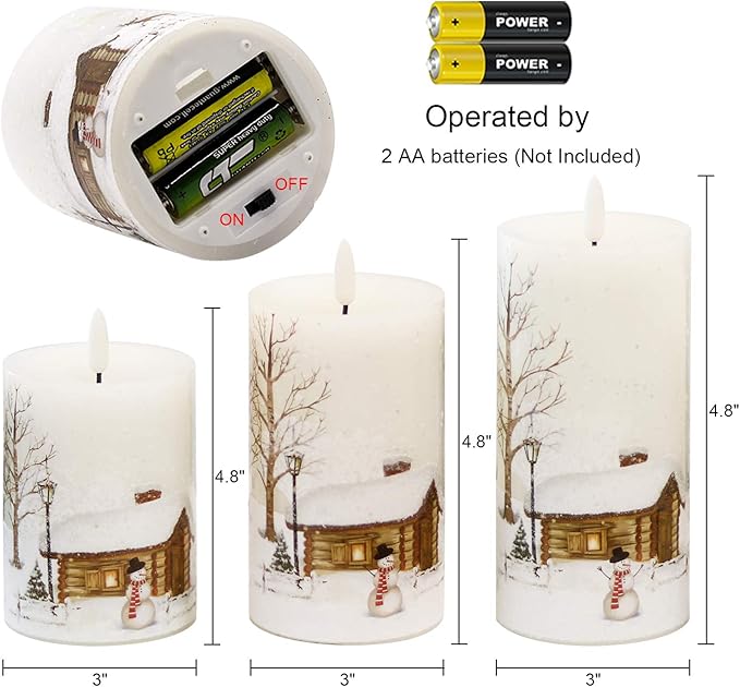 GenSwin Christmas Snowman Battery Operated Candles Flameless Flickering with Remote Timer, 3D Wick Real Wax Led Pillar Candles Warm Light, Christmas Snowman Deer Home Decor Gift(Pack of 3)