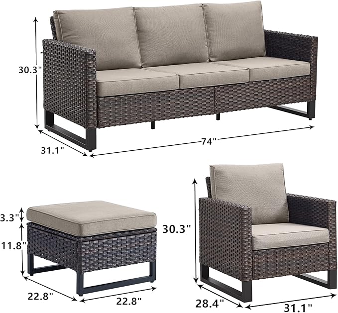 Rilyson Wicker Outdoor Patio Furniture Set - 5 Piece Patio Conversation Set with 2 Wicker Armrest Chairs,2 Rattan Ottoman and 1 Couch for Outside Porch Deck Backyard Garden(Brown/Grey)