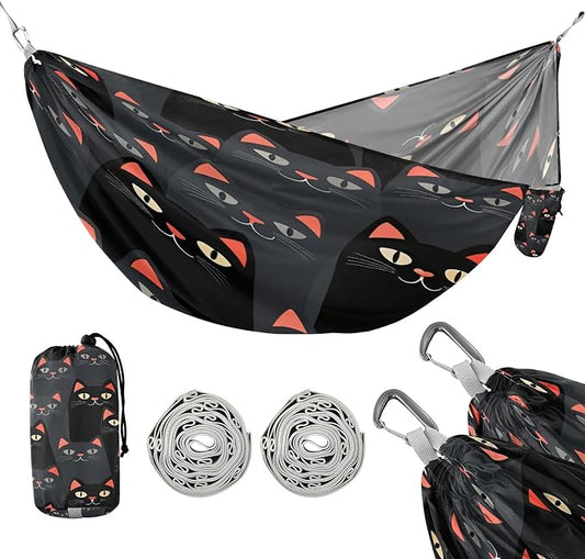 Black Cat Camping Hammock, Portable Lightweight Single Hammock with Tree Straps and Aluminum Carabiners, 114" x 54" Travel Hammock for Hiking Backpacking Beach