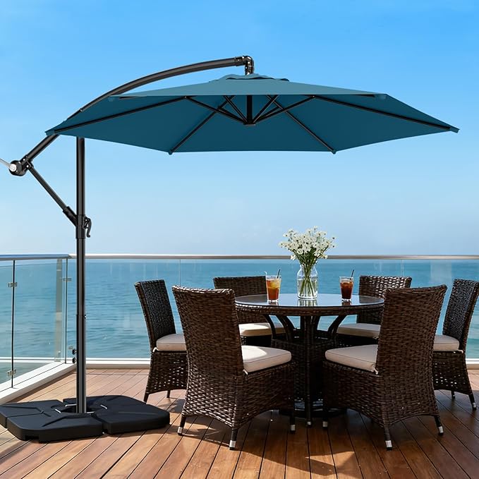 AreShark 10FT Patio Outdoor Umbrella, Offset Patio Umbrella Cantilever Umbrella, 6 Sturdy Ribs, Easy Adjustment for Garden Market Pool with Cross Base (Lake Blue)