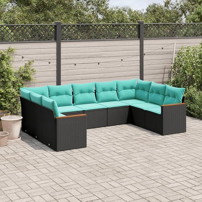 9 Piece Patio Sofa Set with Cushions, Outdoor Sofa Sets Sectional Sofa Patio Conversation Set Front Porch Furniture for Piazza Exhibition Negotiation Area Garden Black Poly Rattan