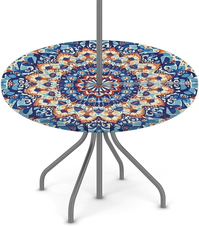 OSAM SPACE Outdoor Tablecloth with Umbrella Hole, Round Elastic Fitted Table Cloth with Invisible Zipper,Colorful Blue Orange Boho Mandala Picnic Patio Table Cover 45-56in