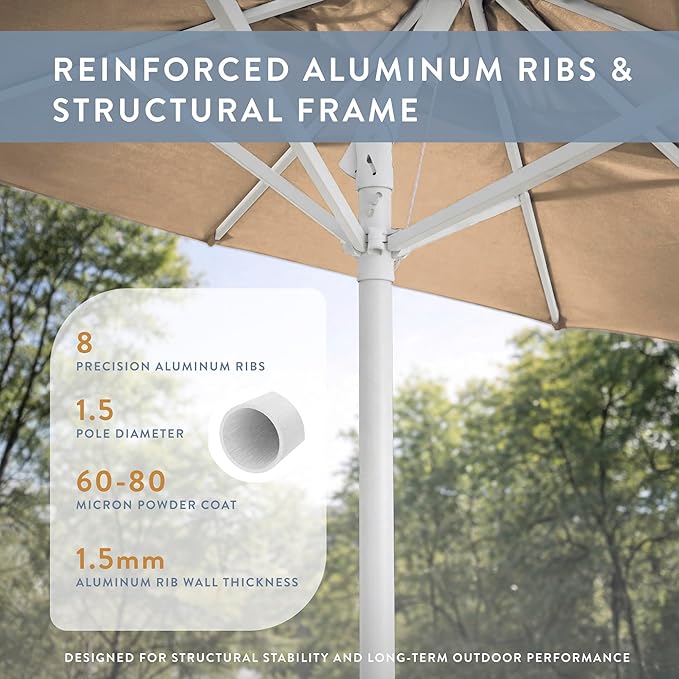 California Umbrella 8-Year Protection 7.5 Ft Outdoor Patio Umbrella, Solstice Fade-Resistant Fabric, Auto-Tilt, Heavy Duty Aluminum Frame, 8 Reinforced Ribs for Pool or Deck, White Pole, Antique Beige