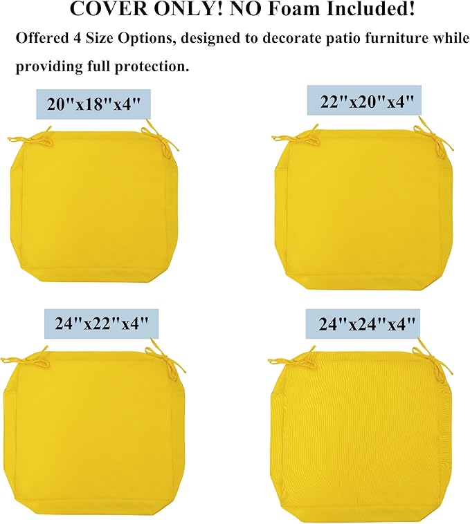 FUNHOME Outdoor Chair Cushion Covers 2 Pack, No Insert! Patio Cushion Covers Replacement 22" x 20" x 4", Water Resistant Patio Chair Cushion Slipcovers, Yellow(Covers ONLY)