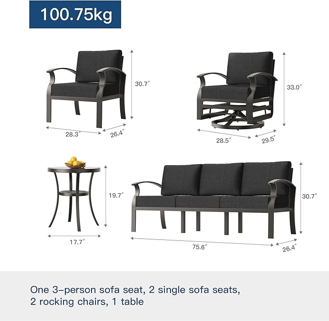 Kullavik Aluminum Patio Furniture Set,6 Pieces 7 Seat Sectional Metal Outdoor Furniture Conversation Set w/5.1" Cushions,Swivel Rocking Chairs Set,Black