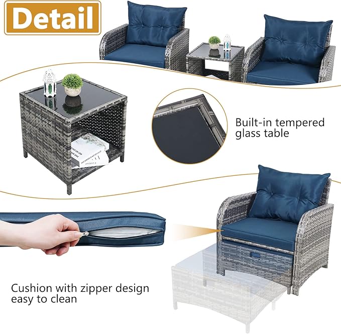 5 Pieces Wicker Outdoor Patio Chairs with Ottomans, All Weather PE Rattan Outdoor Conversation Set Bistro Patio Furniture Set with Hidden Ottoman for Porch Backyard Balcony, Blue