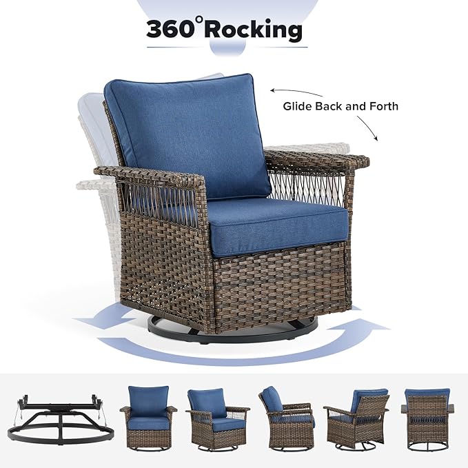 Outdoor Wicker Patio Furniture Set - 5 Piece Rattan Patio Conversation Sets with 2 Swivel Rocking Chairs,2 Ottomans and 1 Side Table for Porch Deck Garden(Brown/Blue)