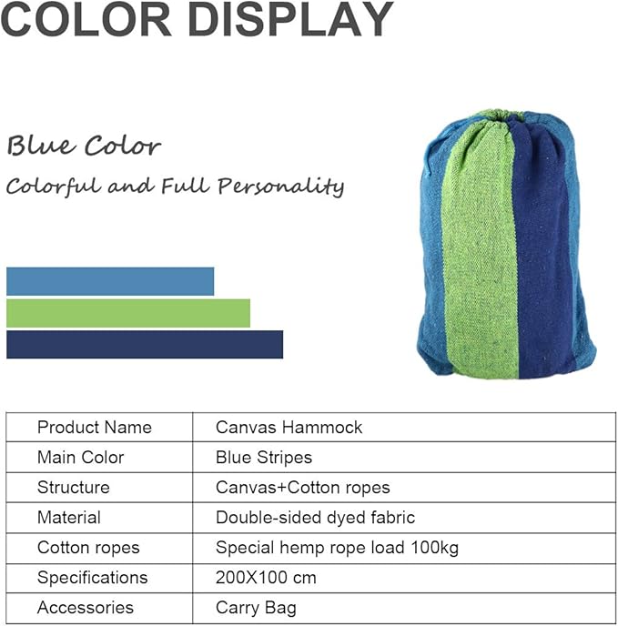 Ruilogod Single/Double Hammock Portable Swing Hanging Bed for Backyard, Park, Outdoor and Indoor Use, Free Carrying Bag Included Blue 200cm x 100cm Combo A (id: 50a 727 610 d15 1ba
