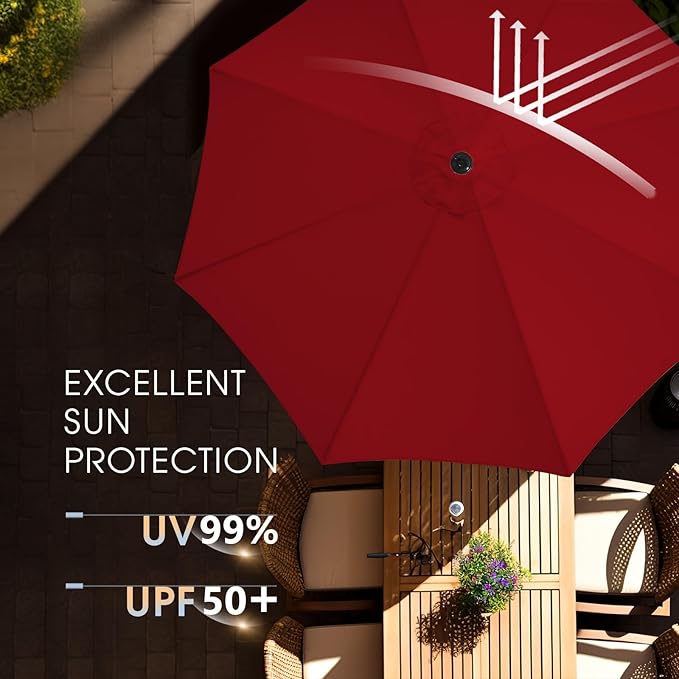 wikiwiki 9FT Patio Umbrella with Base, Outdoor Umbrellas with Base Included, 8 Sturdy Ribs, Waterproof Fade Resistant POLYESTER DTY Canopy for Deck, Lawn, Garden, Backyard & Pool, Burgundy Red