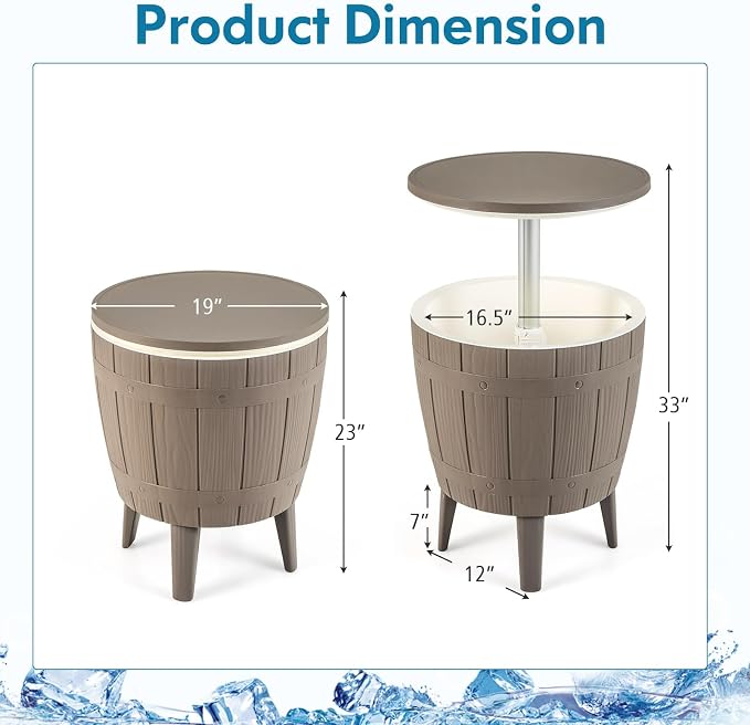 LDAILY Outdoor Cooler Table, 3-in-1 10 Gallon Ice Bucket with Height-Adjustable Tabletop, Cocktail Side Table with 110LB Capacity & Drain Plug for Poolside, Backyard, Patio Parties (Brown)