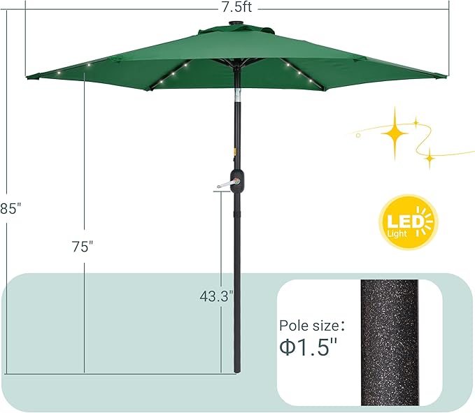 7.5ft Outdoor Umbrella Patio Umbrella with Solar Lights,18 LED Lighted Table Market Outdoor Umbrella, 2-Year-Non-Fading, for Pool, Deck, Garden,Backyard