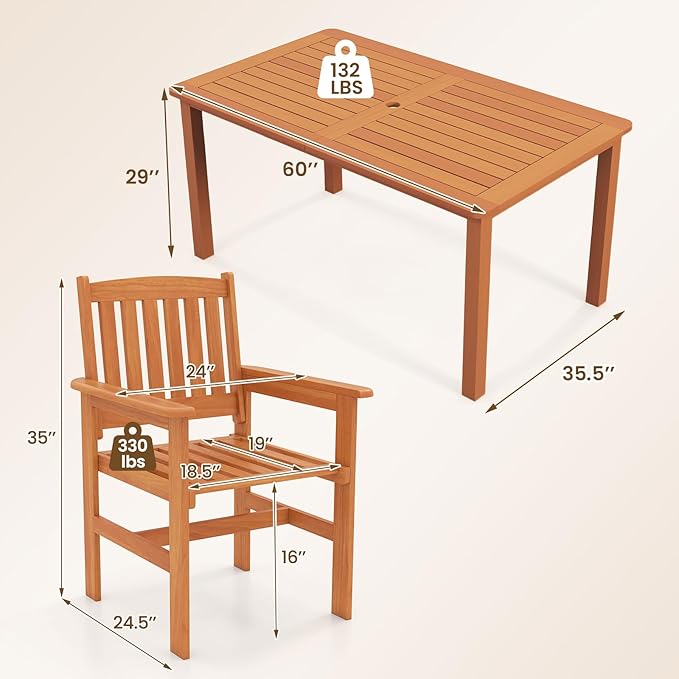 Tangkula 7-Piece Patio Wood Dining Table Set, Outdoor Rectangular Table and 6 Armchairs with 2" Umbrella Hole, Outside Furniture Set for Backyard, Poolside, Garden and Lawn