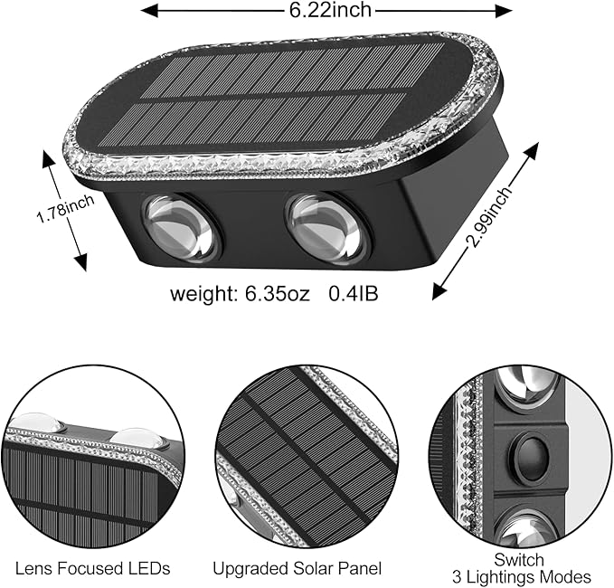 Solar Fence Lights Up Down: Led Solar Wall Lights Outdoor Ip65 Waterproof - 1200mah Dusk-to-Dawn Fence Lighting 3000K 4000K 6000K - Easy Install for Backyard Patio Porch 2-Pack