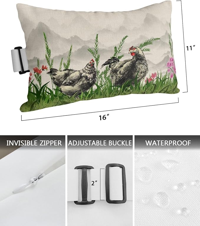 Outdoor Pillows Covers with Inserts Farmhouse Chicken Flower Ink Painting Green Waterproof Recliner Pillow with Adjustable Strap Throw Pillows for Patio Furniture Pool Lounge Chair, 11x16 inch, 1PCS