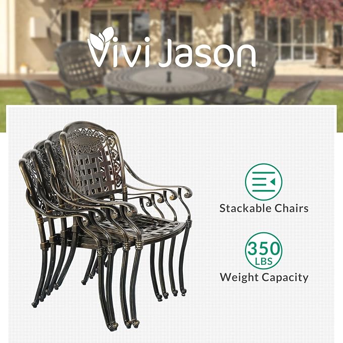 VIVIJASON 5-Piece Patio Furniture Dining Set, All-Weather Cast Aluminum Outdoor Conversation Set, Include 4 Cushioned Chairs and a 35.4" Round Table w/Umbrella Hole, Navy Blue Cushion
