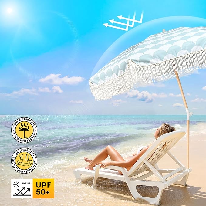 Lefedrasticity Boho Outdoor Umbrella with Tassels,6ft Table Umbrella Outdoor Patio with Knobs Tilt,Wind Resistant Portable Beach Umbrella UPF50+ Fringe Umbrellas For Pool Backyard Deck Garden