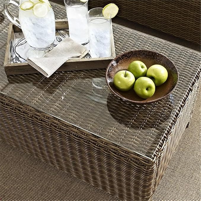 Pemberly Row 40" Glass Top Patio Coffee Table, Brown Finish, Durable Steel Frame with PE Wicker, UV-Resistant Outdoor Resin, Weather-Resistant Design, Stylish Addition to Backyard or Patio