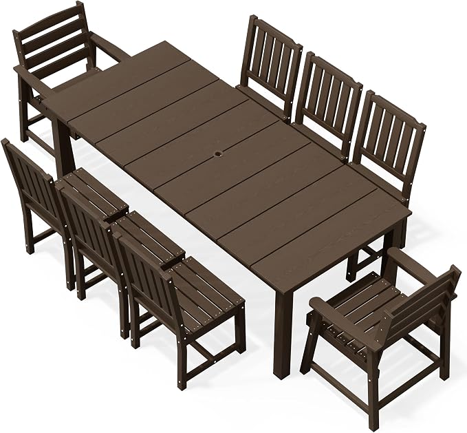 AreShark 9-Piece Outdoor Dining Set,HDPE Patio Table with 8 Chairs,All-Weather Patio Furniture Set with Umbrella Hole,Low Maintenance Wood Grain Dining Set for Backyard,Garden,Poolside,Coffee