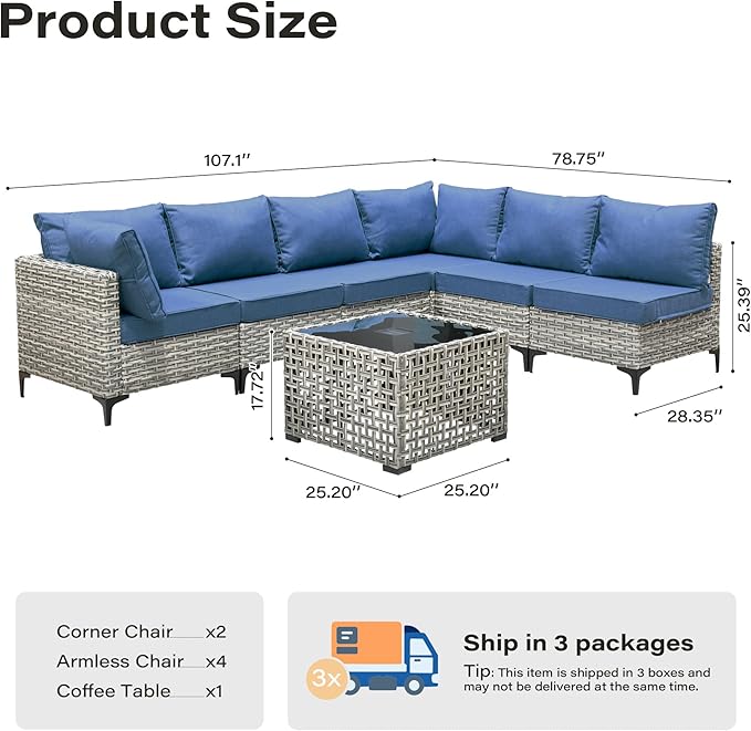 7 Pieces Patio Furniture Set with Solar Light Coffee Table, All-Weather Rattan Outdoor Sectional Conversation Sets L Shaped Sofas with Thick Cushions for Porch Balcony Backyard Denim Blue