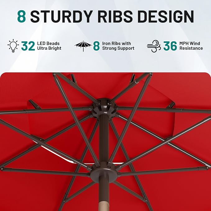 AreShark 9ft 3 Tiers Patio Umbrella with Solar Lights, Outdoor Umbrella w/ 32 LED Lights&8 Sturdy Ribs, Table Umbrella for Deck, Backyard, Pool (Red)