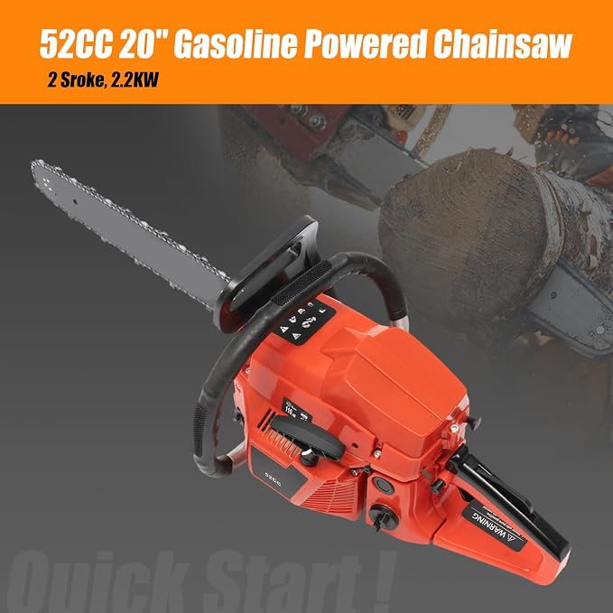 Gasoline Chainsaw, 2 Stroke 2.2kw Gas Powered Chain Saw Engine, 52cc 3HP 20 Inch Air-cooled Cutting Saw for Forest Harvesting/Cutting Wood/Pruning Branches/Gardening/Home Woodworking