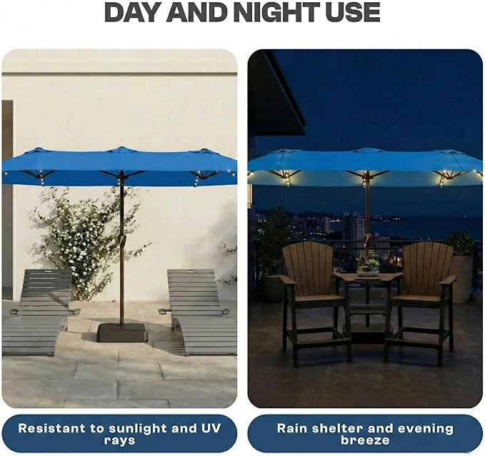 15FT Patio Umbrella with Solar Lights, Double-Sided Extra Large Outdoor Table Umbrella with Base Included, Heavy-Duty 12 Iron Ribs Market Umbrella for Garden, Pool, Backyard, Royal Blue