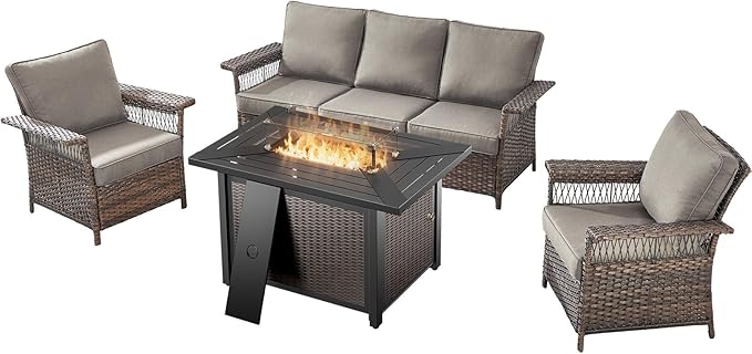 Patio Furniture Set with Fire Pit Table, 4PCS Patio Conversation Set Brown Resin Wicker Patio Chair and Sofa with 43in Rectangular Iron Firepit Table PE Rattan Patio Furniture Set