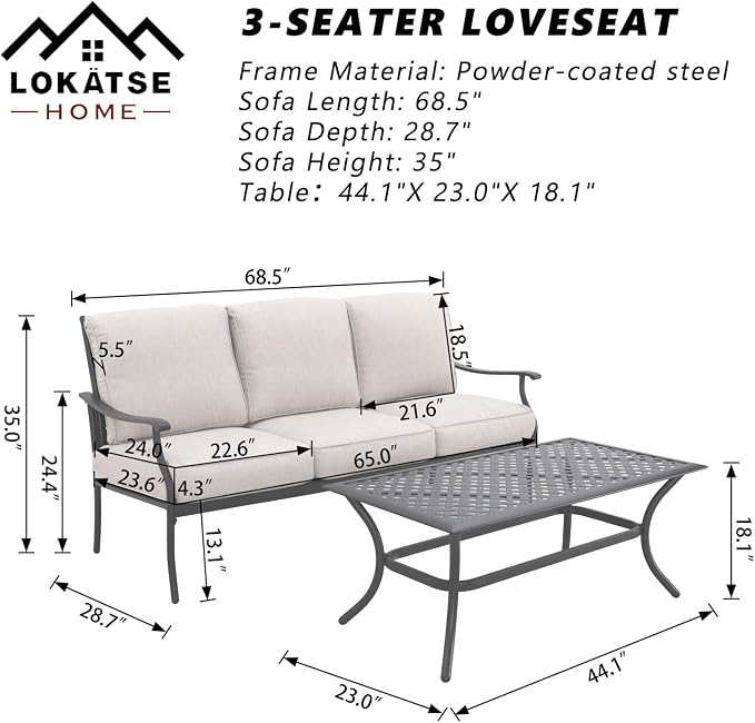 LOKATSE HOME 3 Seat Metal Patio Loveseat Bench Outdoor Furniture Bistro Set with Coffee Table for Lawn Front Porch Garden Yard or Poolside, Beige