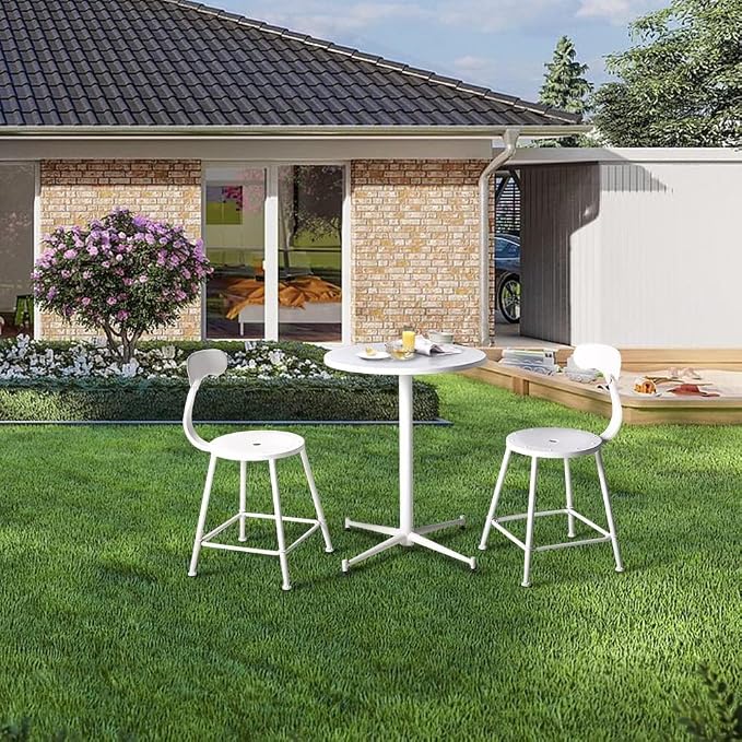 LOKKHAN Premium Steel Patio Backyard Dining Table, Indoor-Outdoor Garden Cafe Bar Table, Heavy Duty Round Metal Side Table, White, Waterproof, (23.62" Diax29.5 H)