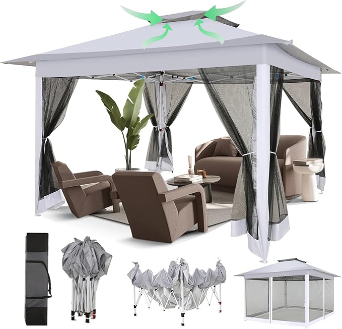 COBIZI 12x12 Pop Up Gazebos On Clearance - Upgrade Easy Up Metal Outdoor Gazebo Waterproof - Portable Gazebo with Mosquito Nettings, 4 Ropes 8 Stakes and Carry Bag for Patio Garden(Light Gray)