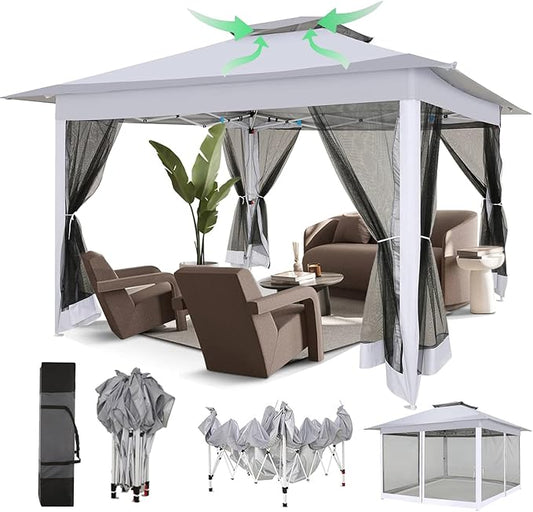 COBIZI 12x12 Pop Up Gazebos On Clearance - Upgrade Easy Up Metal Outdoor Gazebo Waterproof - Portable Gazebo with Mosquito Nettings, 4 Ropes 8 Stakes and Carry Bag for Patio Garden(Light Gray)