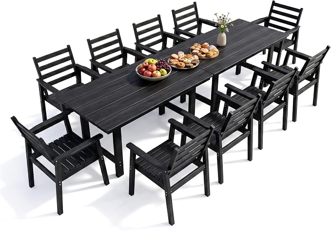 12 Piece HDPE Outdoor Dining Set for 10, Patio Dining Furniture Set with 2” Umbrella Hole, Weather Resistant Outdoor Table and Chairs for Garden, Poolside, Backyard, Deck