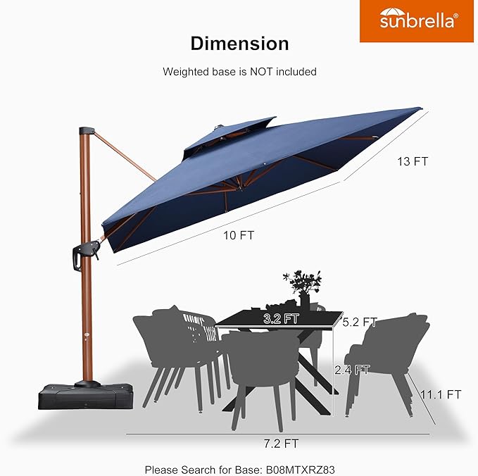 PURPLE LEAF 10' X 13' Patio Large Cantilever Umbrella Double Top Deluxe Outdoor Rectangle Wood Pattern Umbrellas Offset Umbrella Heavy Duty Sun Umbrellas for Garden Deck Pool, Spectrum Indigo