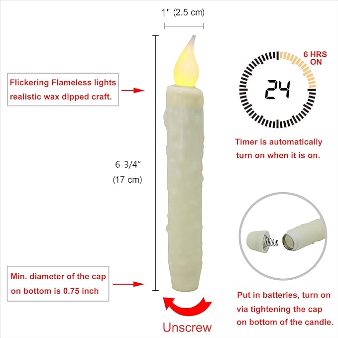 CVHOMEDECO. Real Wax Hand Dipped Battery Operated LED Timer Taper Candles Rustic Primitive Flameless Lights Décor, 6-3/4 Inch, Ivory, 6 PCS in a Package