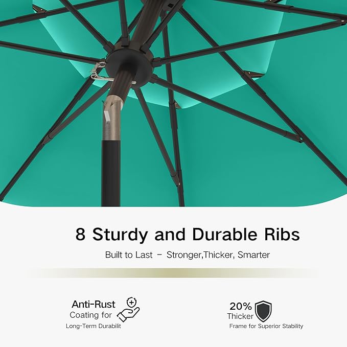 Kingdura 9ft 3-Tier Patio Umbrella, Outdoor Table Umbrella with Easy Crank & Tilt, 8 Reinforced Ribs, UV Protection for Deck, Pool, Market, Backyard (Tiffany blue)