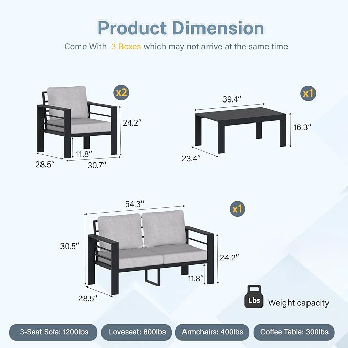 Aluminum Patio Furniture Set, 4 PCS Metal Oversized Outdoor Furniture Set Washable Thick Cushions, 4 Seat Patio Conversation Set with 3.54” Wide armrest and Coffee Table for Patio, Garden