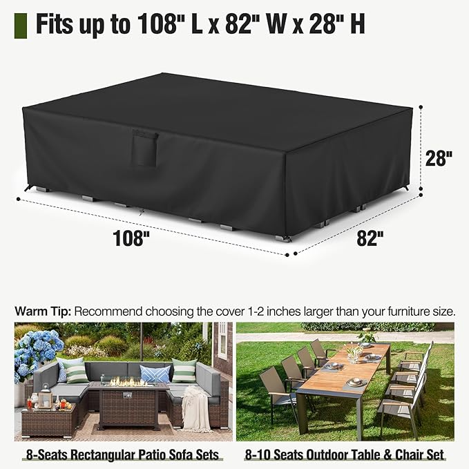 MR.COVER Patio Furniture Cover, Outdoor Sectional Sofa Set Cover Water Resistant General Purpose Rectangular 600D Heavy Duty Patio Table protection Size 108L x 82W x 28H inch
